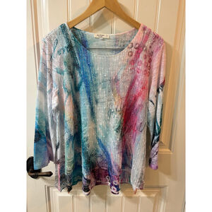 Jess & Jane Layered Top L Multicolor Abstract Print 3/4 sleeve lagenlook